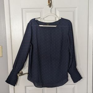 Like-New Ann Taylor Navy Blue Long Sleeve Blouse with Red Polka Dots Size M